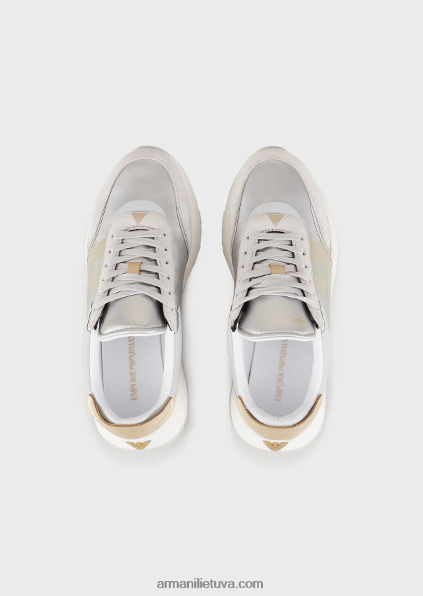 moterys sidabras Armani zomšiniai ir nailoniniai sportbačiai su per dideliu ereliu 02482X561