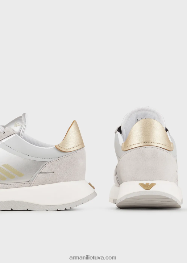 moterys sidabras Armani zomšiniai ir nailoniniai sportbačiai su per dideliu ereliu 02482X561