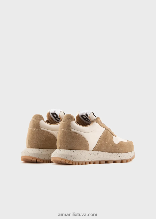 moterys smėlio spalvos Armani tvarios kolekcijos crust odos ir ekologiško nailono sportbačiai 02482X575
