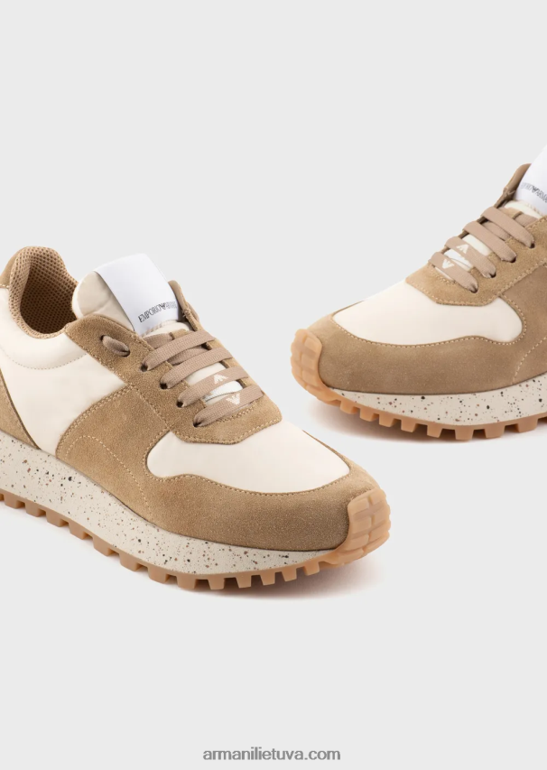 moterys smėlio spalvos Armani tvarios kolekcijos crust odos ir ekologiško nailono sportbačiai 02482X575