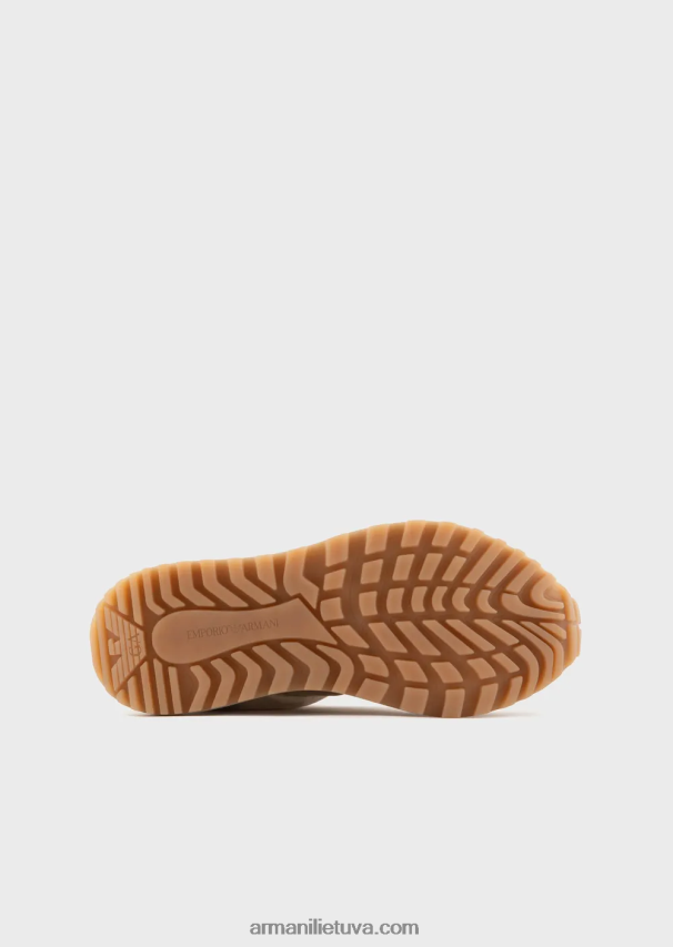moterys smėlio spalvos Armani tvarios kolekcijos crust odos ir ekologiško nailono sportbačiai 02482X575