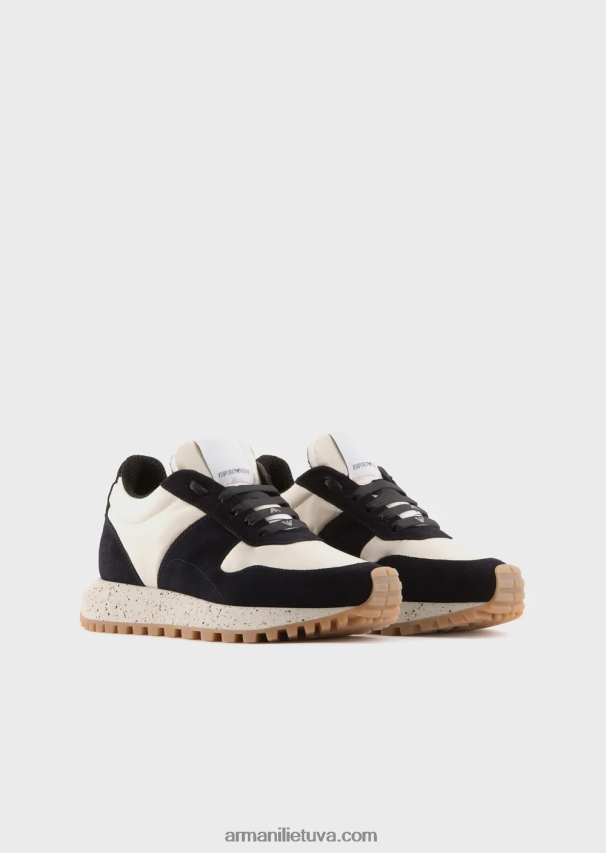 moterys tamsiai mėlyna Armani tvarios kolekcijos crust odos ir ekologiško nailono sportbačiai 02482X576