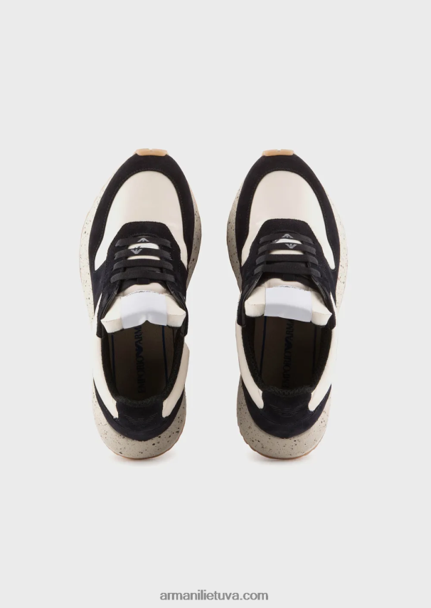 moterys tamsiai mėlyna Armani tvarios kolekcijos crust odos ir ekologiško nailono sportbačiai 02482X576