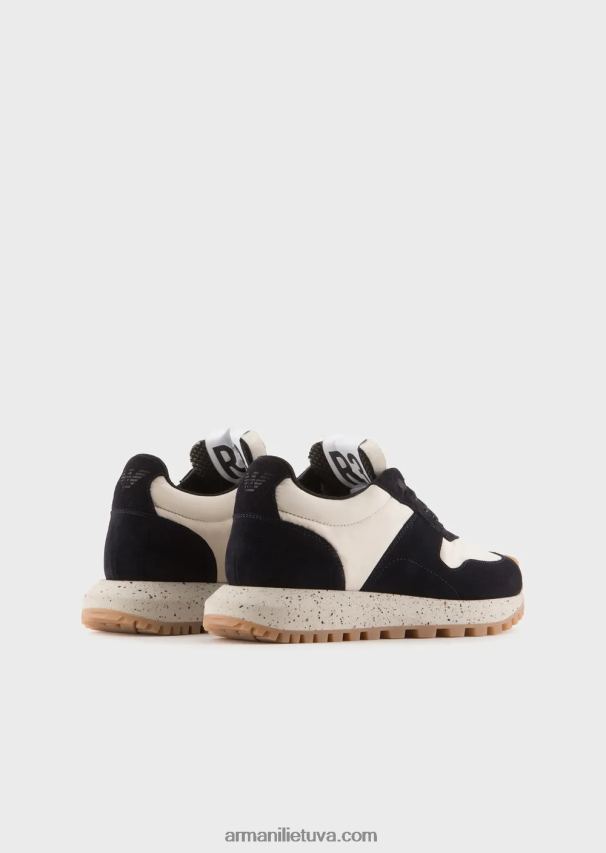 moterys tamsiai mėlyna Armani tvarios kolekcijos crust odos ir ekologiško nailono sportbačiai 02482X576