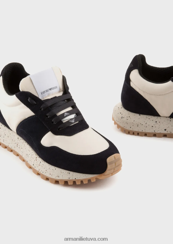 moterys tamsiai mėlyna Armani tvarios kolekcijos crust odos ir ekologiško nailono sportbačiai 02482X576