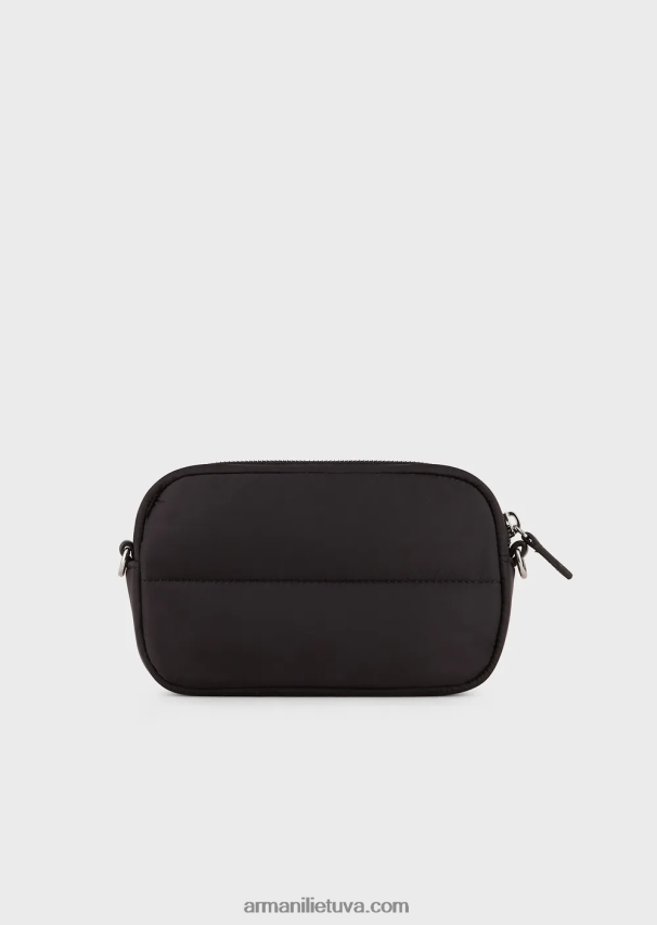 moterys juodas Armani dygsniuotas perdirbto nailono fotoaparato dėklas su peties dirželiu 02482X588