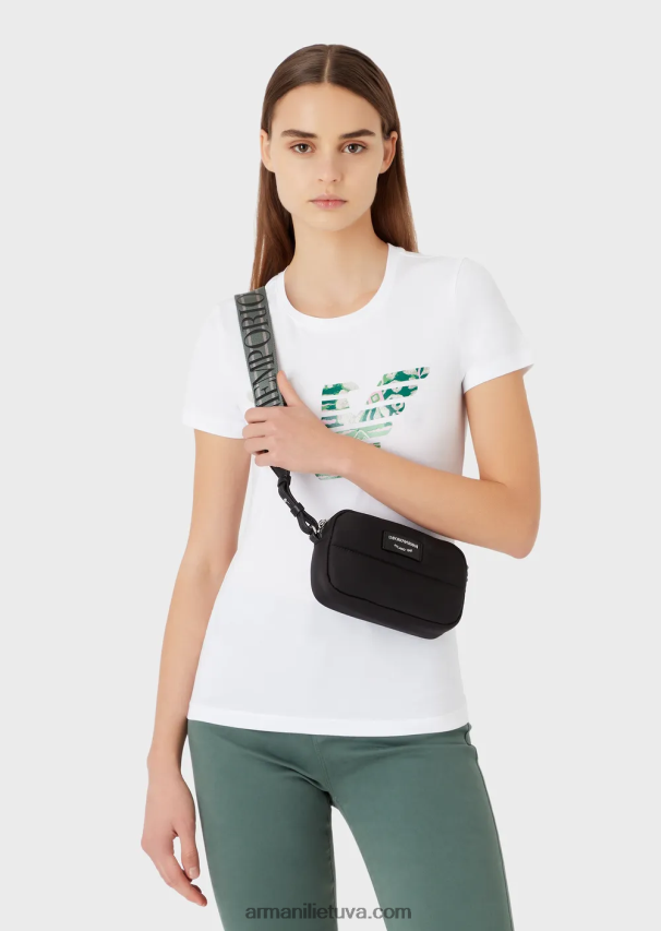 moterys juodas Armani dygsniuotas perdirbto nailono fotoaparato dėklas su peties dirželiu 02482X588
