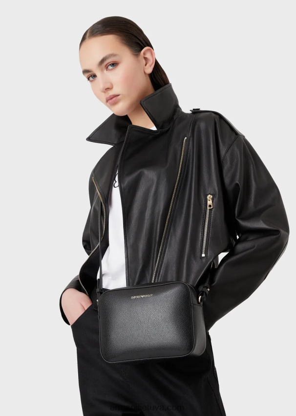 moterys juodas logotipas Armani palmellato odos apdaila fotoaparato dėklas su petnešėlėmis 02482X629