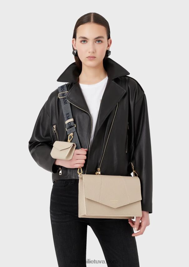 moterys smėlio spalvos Armani elnio oda marginta odinė pečių krepšys su kortelių laikikliu 02482X611