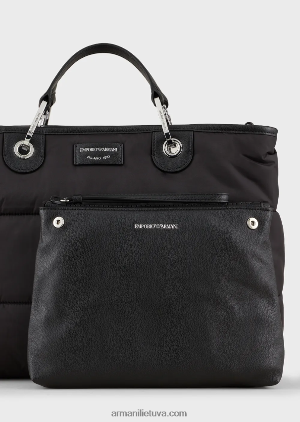 moterys juodas Armani vidutinio myea pirkėjo krepšys iš dygsniuoto perdirbto nailono 02482X668