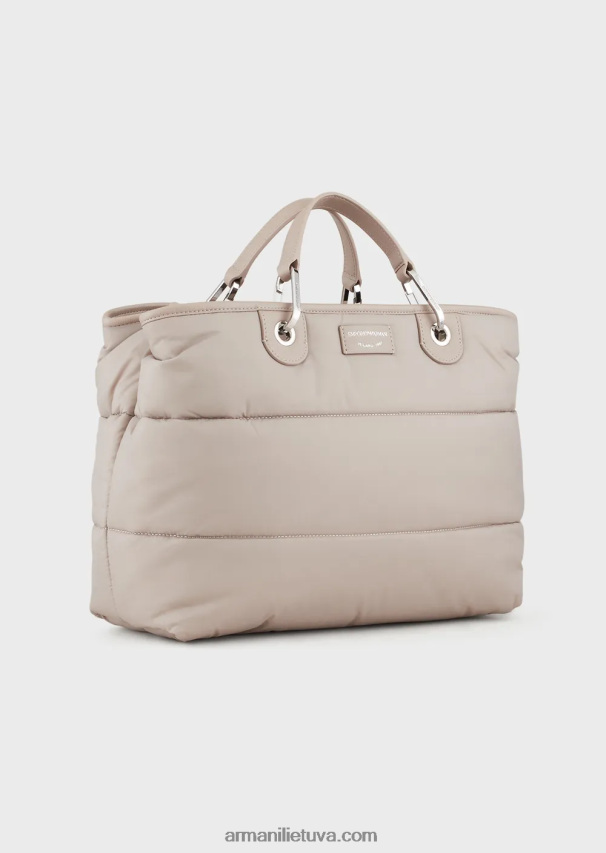 moterys smėlio spalvos Armani vidutinio myea pirkėjo krepšys iš dygsniuoto perdirbto nailono 02482X669