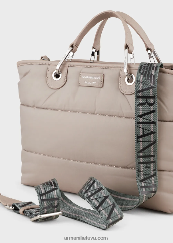 moterys smėlio spalvos Armani vidutinio myea pirkėjo krepšys iš dygsniuoto perdirbto nailono 02482X669