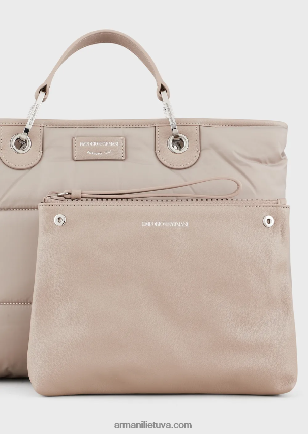 moterys smėlio spalvos Armani vidutinio myea pirkėjo krepšys iš dygsniuoto perdirbto nailono 02482X669