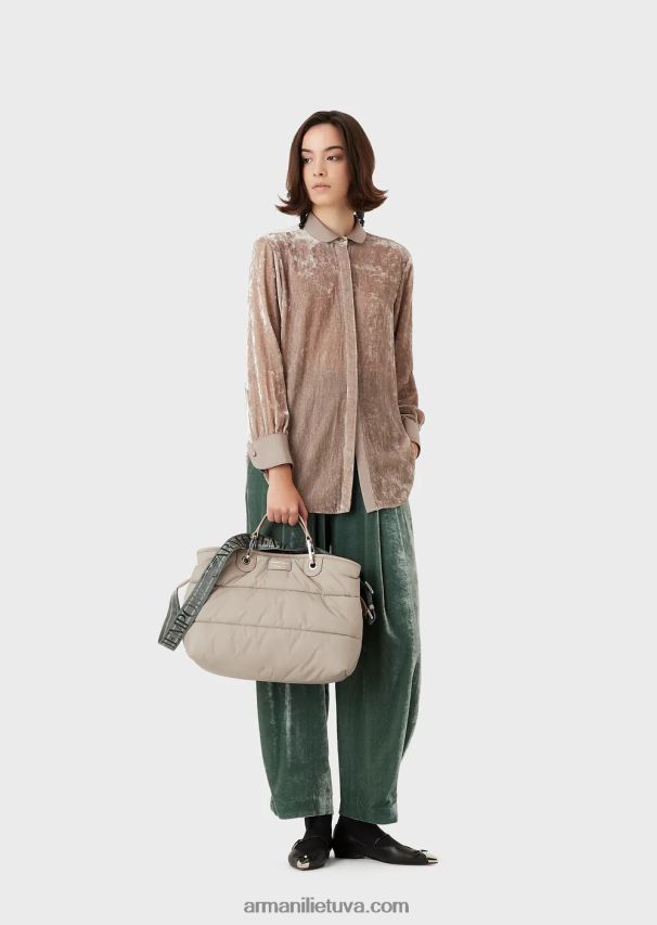 moterys smėlio spalvos Armani vidutinio myea pirkėjo krepšys iš dygsniuoto perdirbto nailono 02482X669