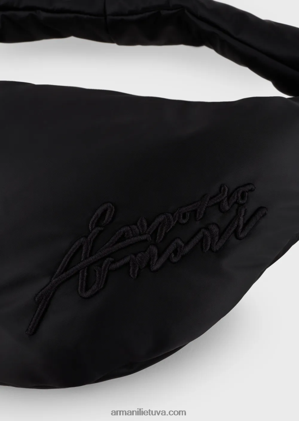 moterys juodas Armani dviejų atspalvių nailoninis valkata krepšys su firminiu siuvinėjimu 02482X745