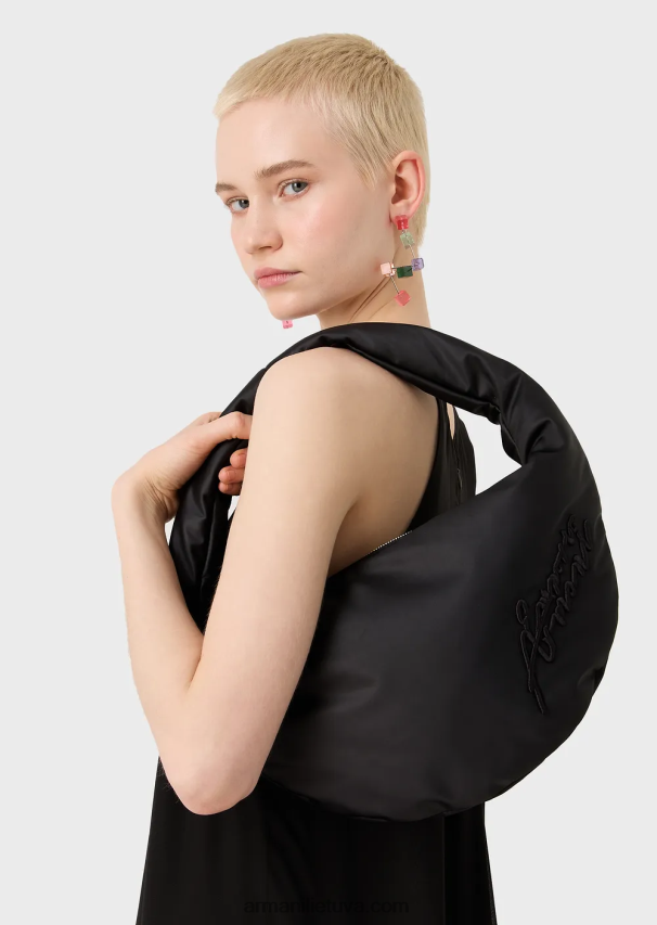 moterys juodas Armani dviejų atspalvių nailoninis valkata krepšys su firminiu siuvinėjimu 02482X745