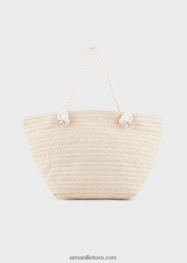moterysArmani rafia paplūdimio pirkėjo krepšys su logotipo siuvinėjimu 02482X735