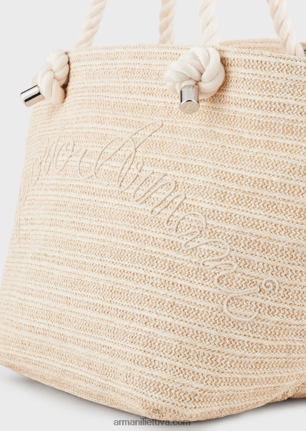 moterysArmani rafia paplūdimio pirkėjo krepšys su logotipo siuvinėjimu 02482X735