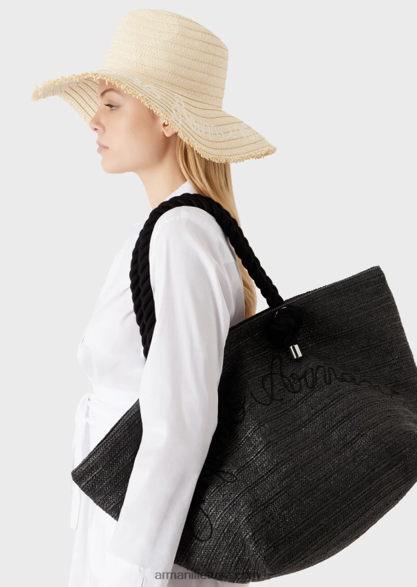 moterysArmani rafia paplūdimio pirkėjo krepšys su logotipo siuvinėjimu 02482X736