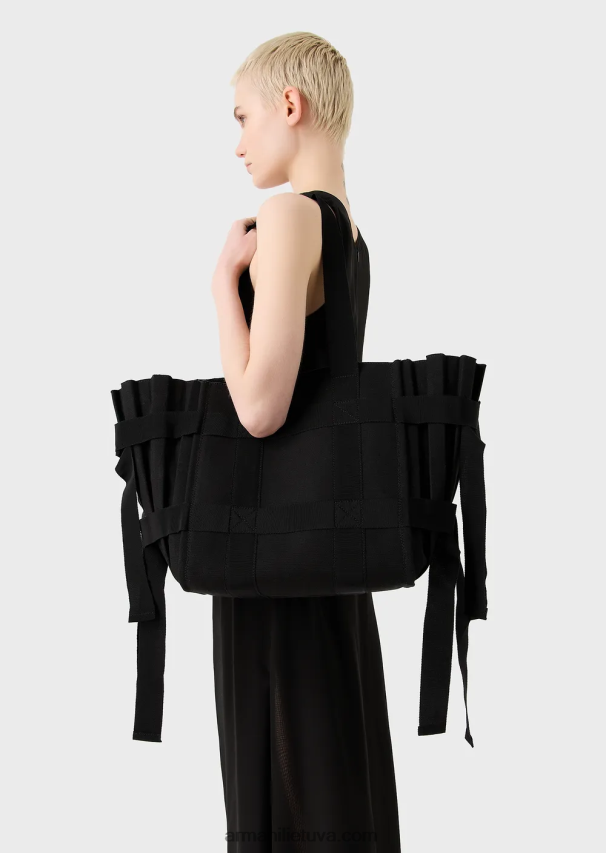 moterys juodas Armani didelis klostuotas drobinis pirkėjo krepšys 02482X739