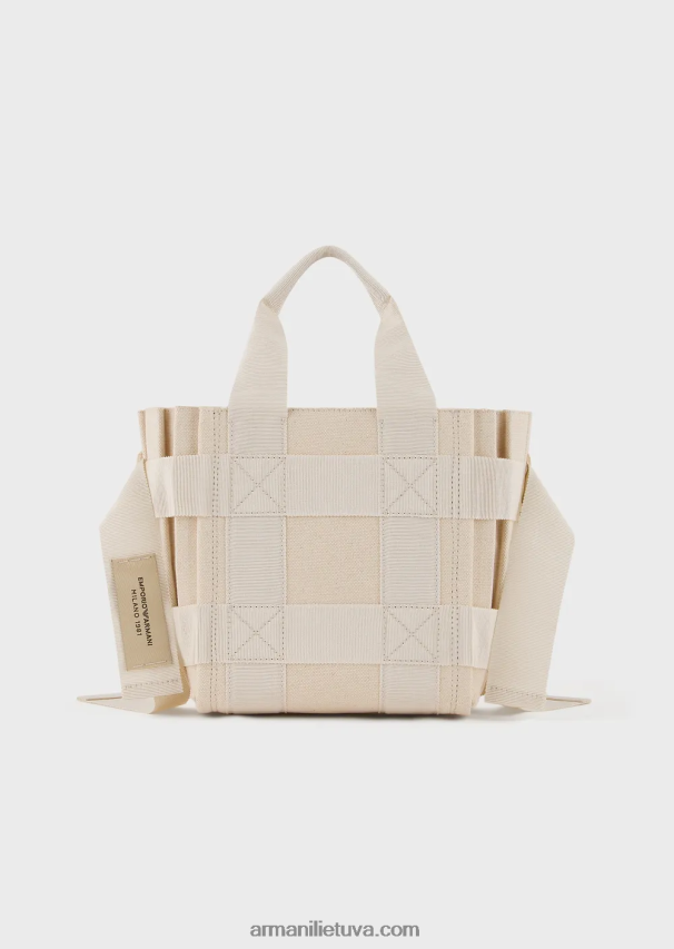 moterys smėlio spalvos Armani mažas klostuotas drobinis pirkėjo krepšys 02482X738