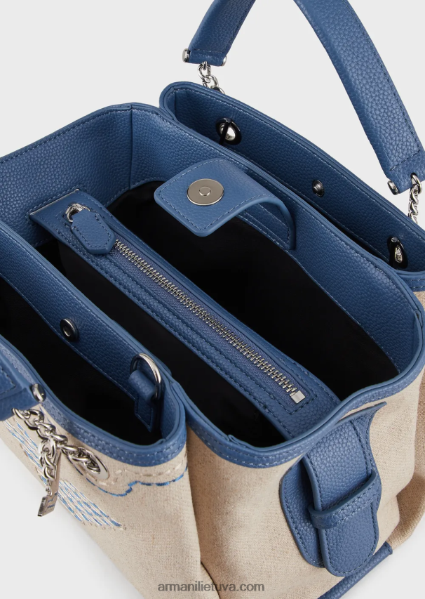 moterys smėlio spalvos logotipas Armani lininė rankinė su per dideliu siuvinėjimu ir erelio žavesiu 02482X732