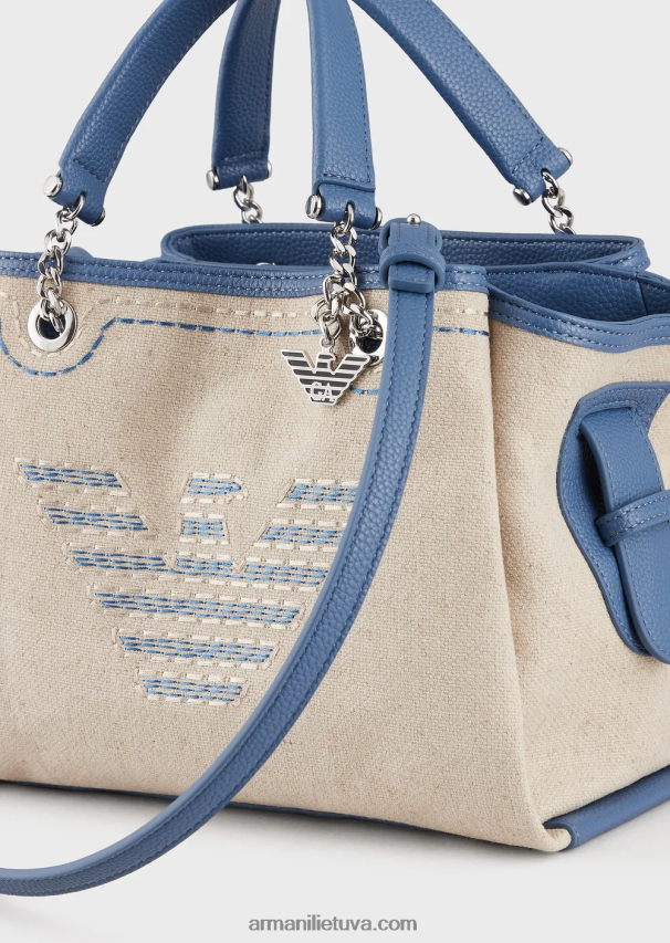 moterys smėlio spalvos logotipas Armani lininė rankinė su per dideliu siuvinėjimu ir erelio žavesiu 02482X732