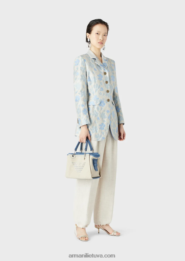 moterys smėlio spalvos logotipas Armani lininė rankinė su per dideliu siuvinėjimu ir erelio žavesiu 02482X732