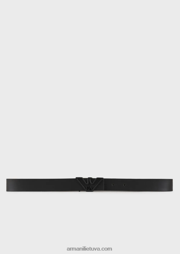 moterys juodas Armani lygus odinis diržas su erelio plokštele 02482X752