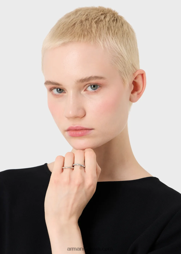 moterys sidabras Armani rožinio aukso atspalvio ir dviejų atspalvių nerūdijančio plieno žiedų rinkinys 02482X852