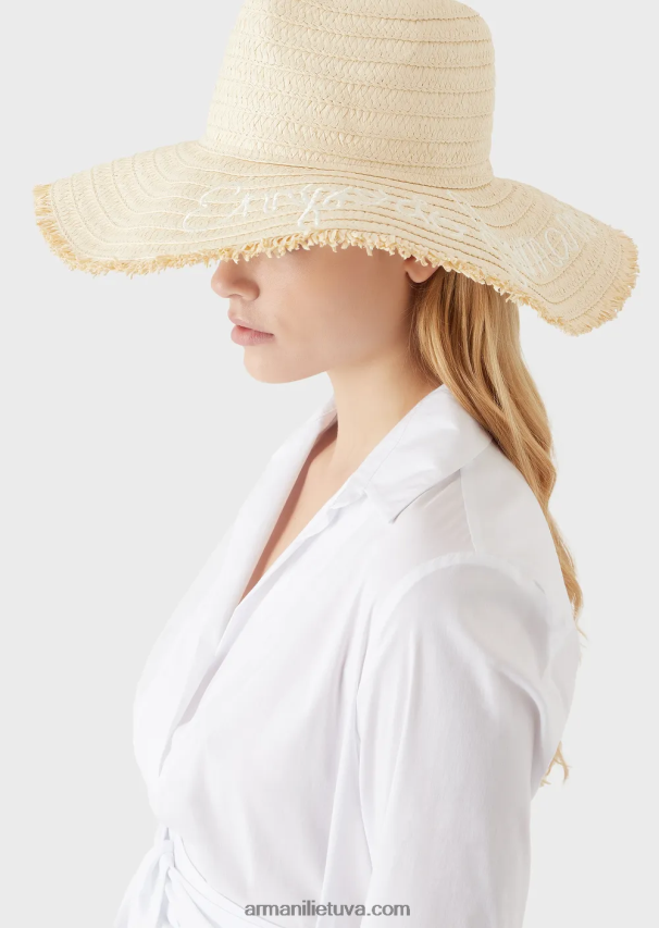 moterysArmani popierinių siūlų paplūdimio kepurė su išsiuvinėtu logotipu 02482X774