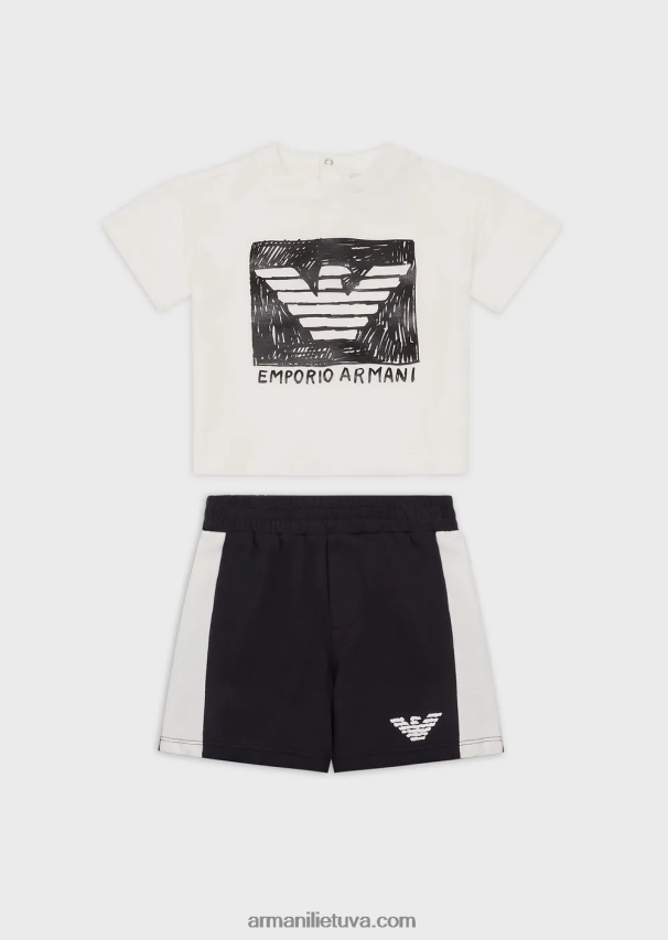 berniukas baltas Armani ekologiškų trikotažinių marškinėlių ir šortų komplektas su per dideliu ereliu 02482X2697