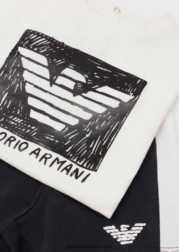 berniukas baltas Armani ekologiškų trikotažinių marškinėlių ir šortų komplektas su per dideliu ereliu 02482X2697