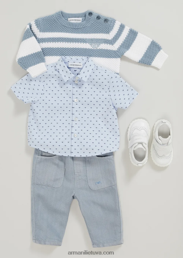 berniukas žydros spalvos Armani džemperis su žakardo juostelėmis ir erelio siuvinėjimu 02482X2691