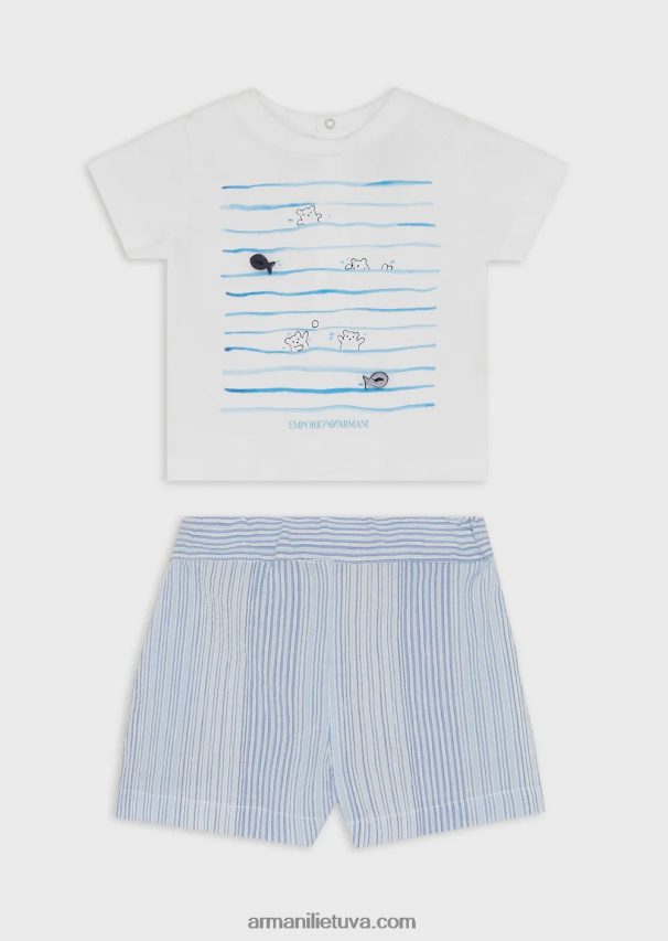 berniukas žydros spalvos Armani dovanų rinkinys iš marškinėlių ir šortų su dryžuotu pajūrio raštu 02482X2698