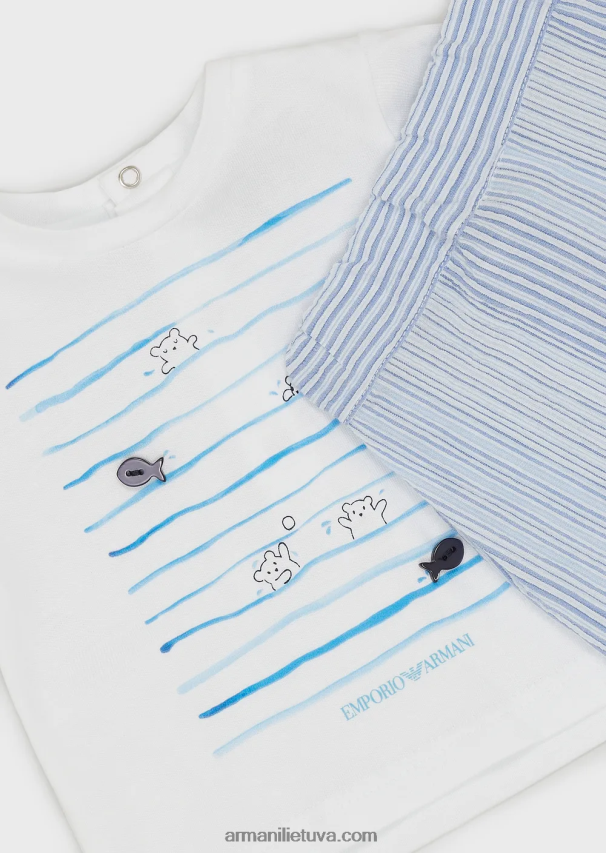 berniukas žydros spalvos Armani dovanų rinkinys iš marškinėlių ir šortų su dryžuotu pajūrio raštu 02482X2698