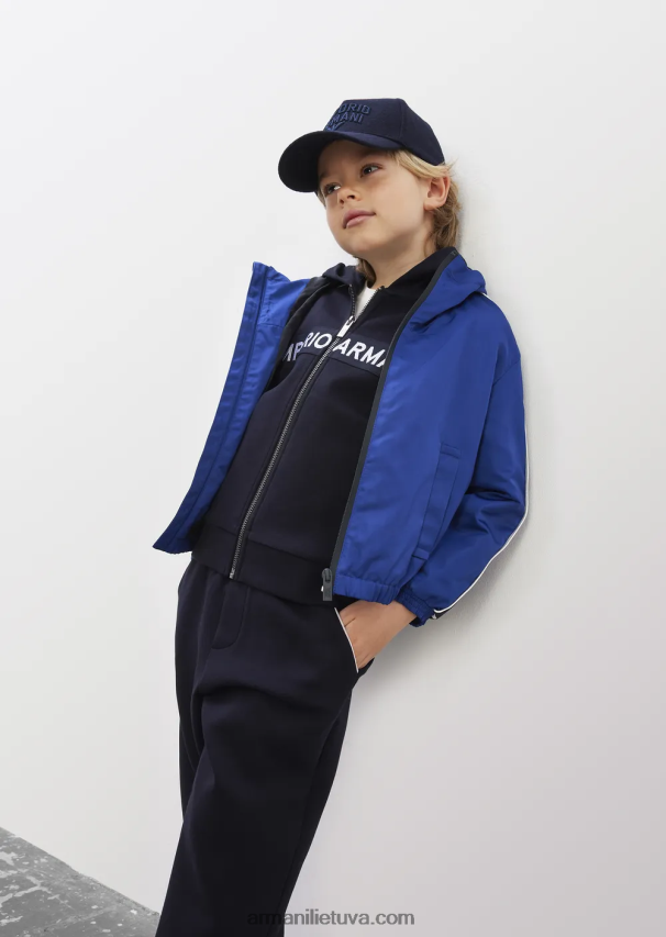 berniukas elektrinė mėlyna Armani Vandenį atstumianti perdirbto nailono palaidinė su gobtuvu su logotipo juosta 02482X2460
