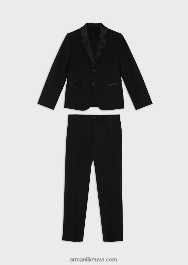 berniukas juodas Armani šviesios vilnos smokingo vieneilis kostiumas su atlasinėmis detalėmis 02482X2395