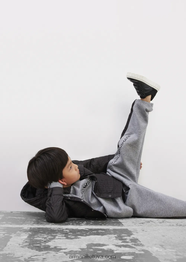 berniukas melanžinė pilka Armani dvigubo trikotažo megztinis su paminkštintu dygsniuotu gobtuvu 02482X2458