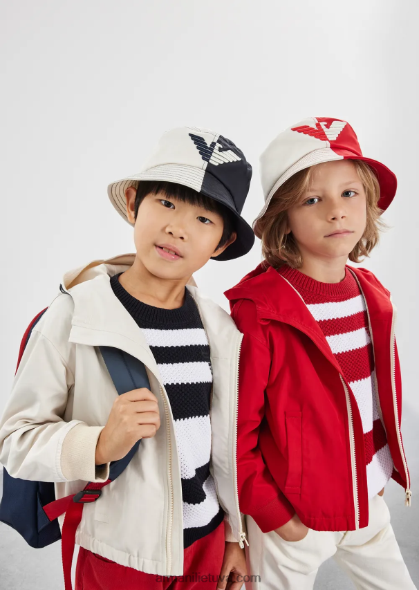 berniukas tamsiai mėlyna Armani džemperis su žakardo juostelėmis ir erelio siuvinėjimu 02482X2424