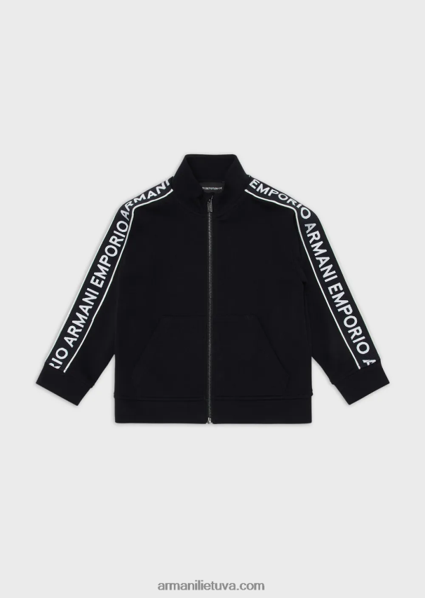 berniukas tamsiai mėlyna Armani dvigubo trikotažo megztinis su pilnu užtrauktuku su logotipo juosta 02482X2464