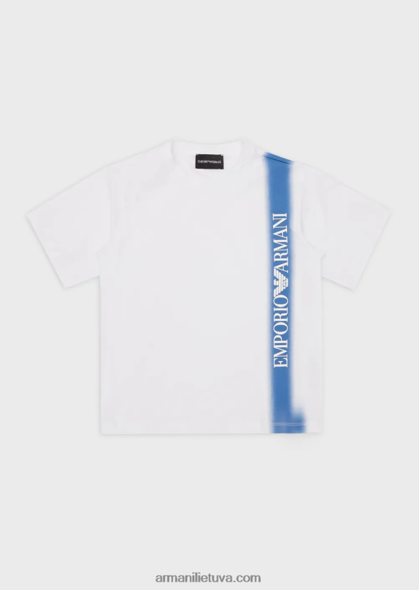 berniukas žydros spalvos Armani sunkiasvorio trikotažo marškinėliai su gradientinėmis juostelėmis ir „ea crew“ logotipu 02482X2428