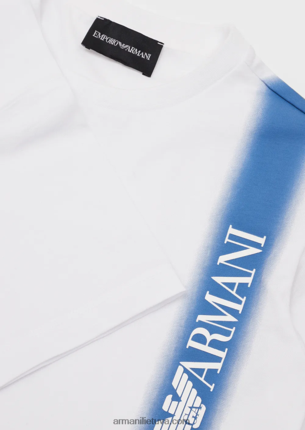 berniukas žydros spalvos Armani sunkiasvorio trikotažo marškinėliai su gradientinėmis juostelėmis ir „ea crew“ logotipu 02482X2428