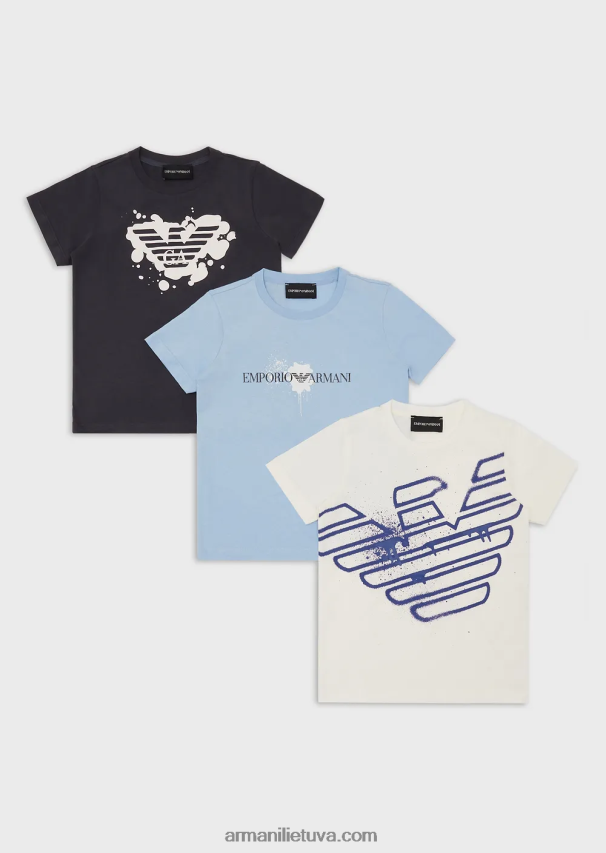 berniukas žydros spalvos Armani trys pakuotės džersio marškinėlių su logotipo atspaudu 02482X2463
