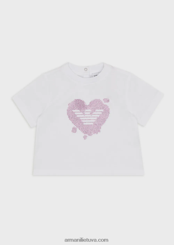 mergina baltas Armani trikotažiniai marškinėliai su kontrastingu kalnų krištolo ereliu 02482X2661