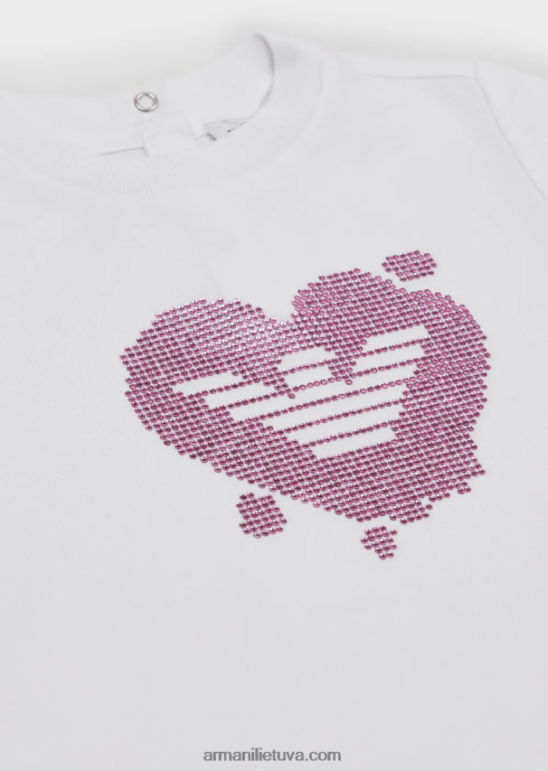 mergina baltas Armani trikotažiniai marškinėliai su kontrastingu kalnų krištolo ereliu 02482X2661