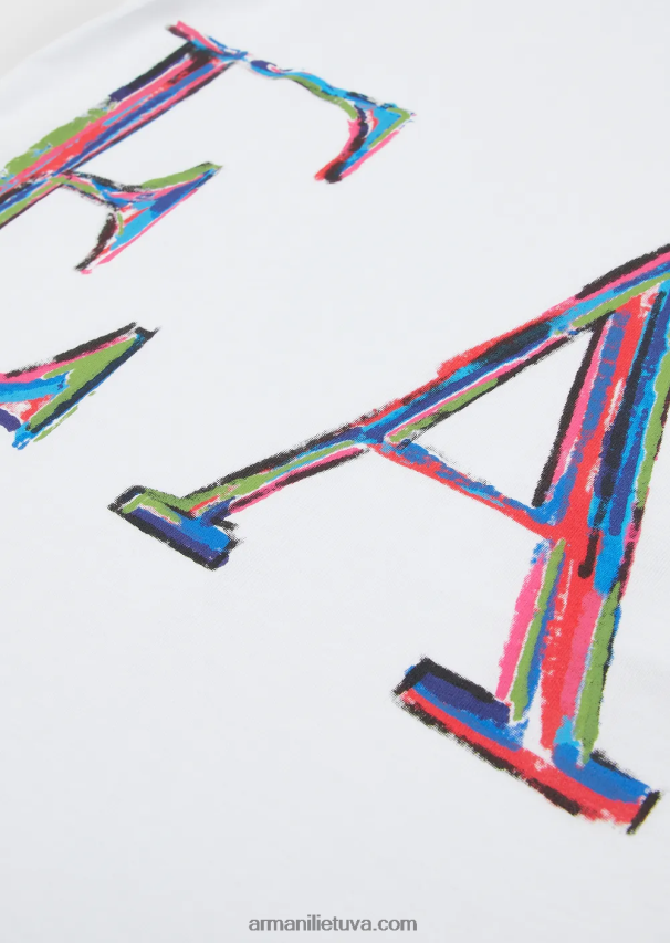 mergina baltas Armani džersio marškinėliai su logotipo piešinio spauda 02482X2561