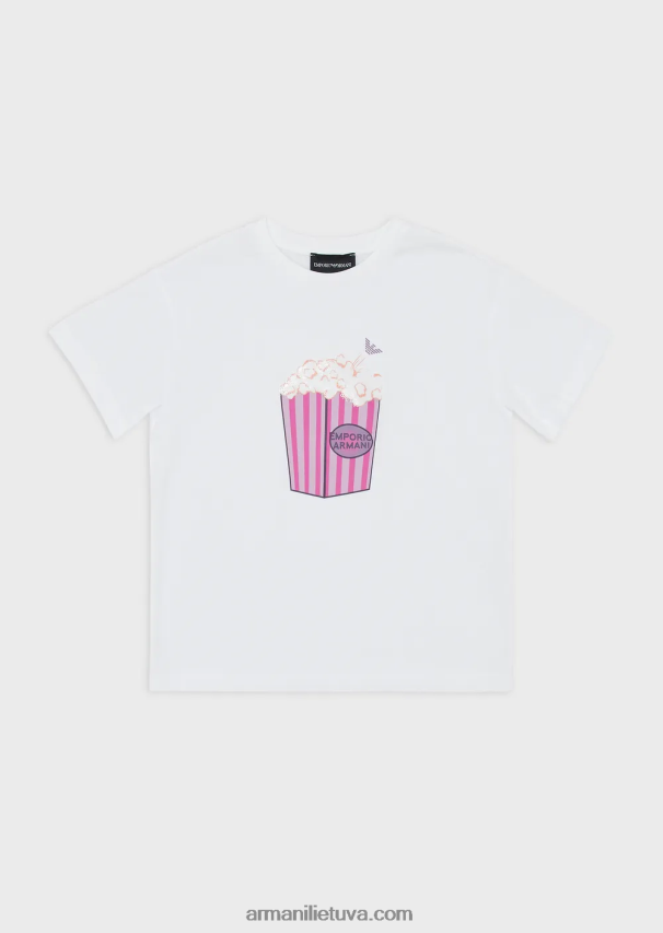 mergina baltas Armani džersio marškinėliai su spragėsių raštu 02482X2560
