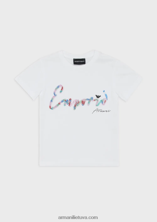 mergina baltas Armani ekologiški marškinėliai su blizgučiais puoštu firminiu logotipu 02482X2563