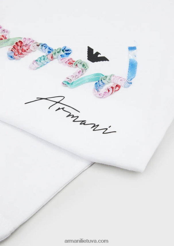 mergina baltas Armani ekologiški marškinėliai su blizgučiais puoštu firminiu logotipu 02482X2563